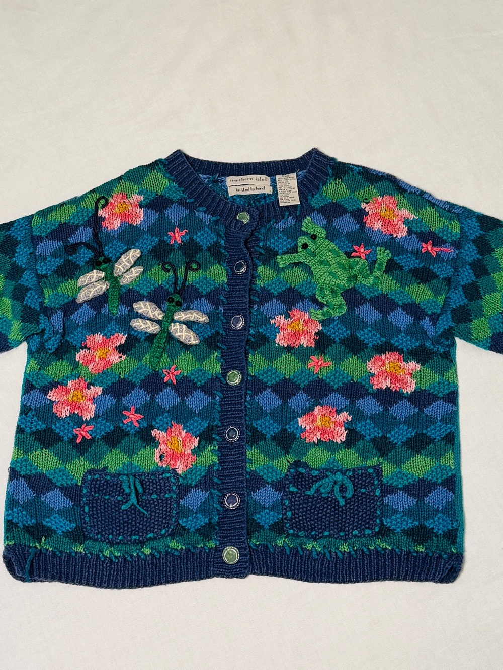 Vintage 90s Northern Isles Hand Knit Cardigan L Frog Dragonfly Floral 3D Sweater